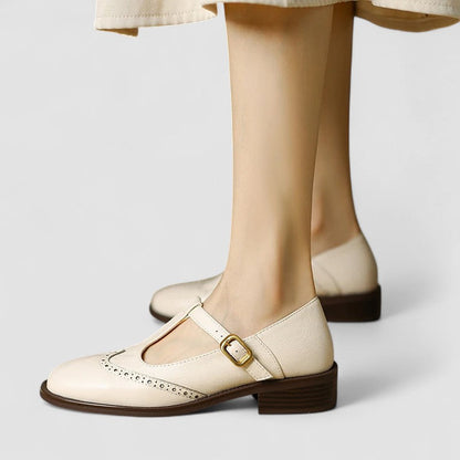 Comfortable Mary Jane Shoes for Women with Round Toe T Strap Brogue Buckle Flat Style