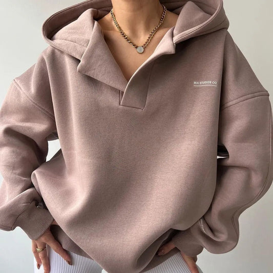 Comfortable Fleece Hoodie for Women with Polo Collar Long Sleeve Oversized Drop Shoulder Knit Style