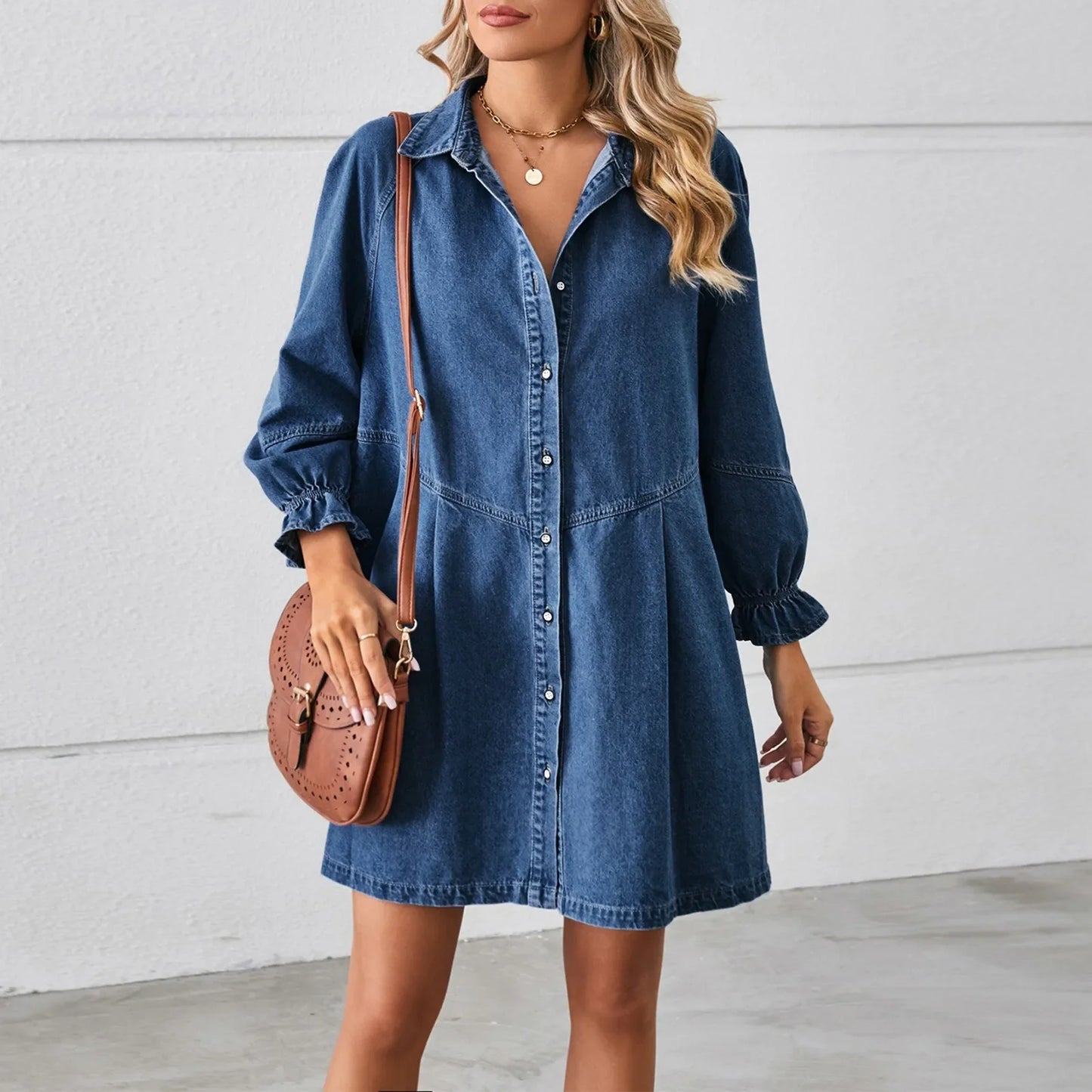 Effortless Denim Dress for Women with Collar Long Sleeve Button Front Mini Ruffle Cuff Casual Style