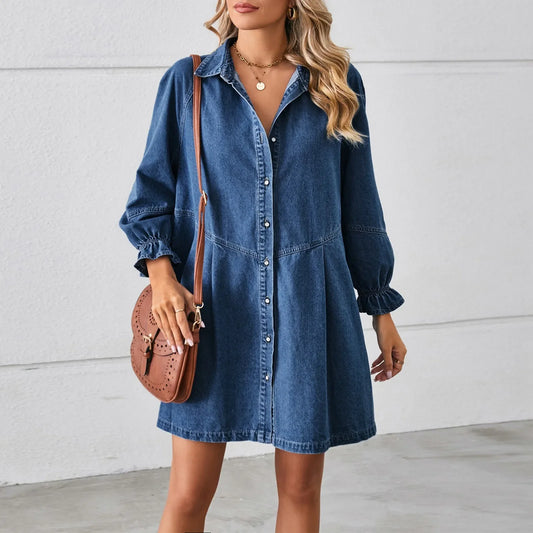 Effortless Denim Dress for Women with Collar Long Sleeve Button Front Mini Ruffle Cuff Casual Style