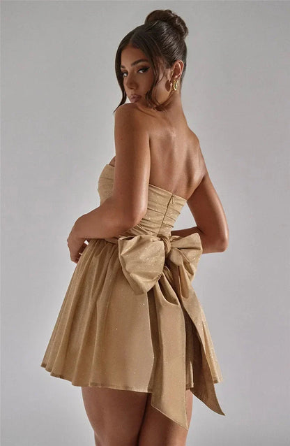 Elegant Glitter Gold Dress for Women with Strapless Ruched Bodice Bow Back Fit Flare Style