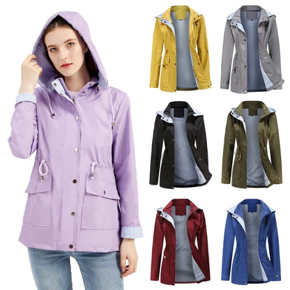 Effortless Rain Jacket for Women with Hooded Collar Long Sleeve Drawstring Waist Relaxed Style