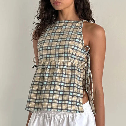 Effortless Plaid Tank Top for Women with High Neck Sleeveless Tie Side Peplum Casual Style