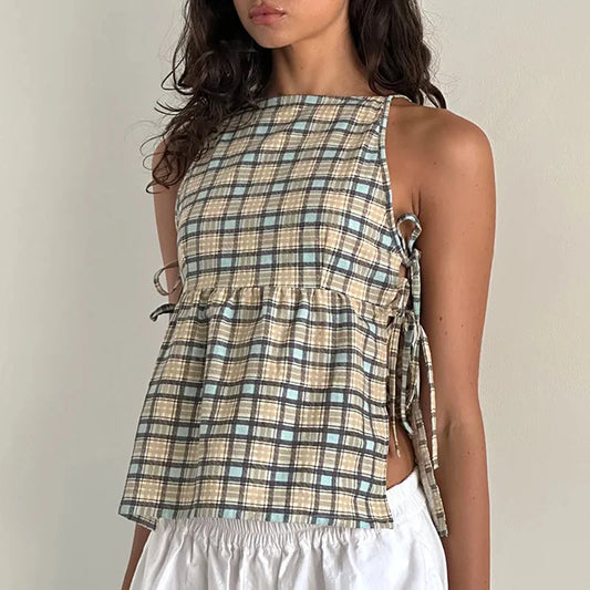 Effortless Plaid Tank Top for Women with High Neck Sleeveless Tie Side Peplum Casual Style