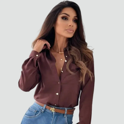 Effortless Button Front Shirt for Women with Point Collar Long Sleeve Relaxed Casual Style
