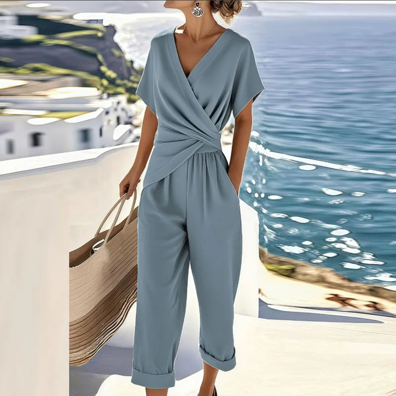 Effortless Wrap Jumpsuit for Women with V Neck Short Sleeve Tie Waist Wide Leg Flowing Style