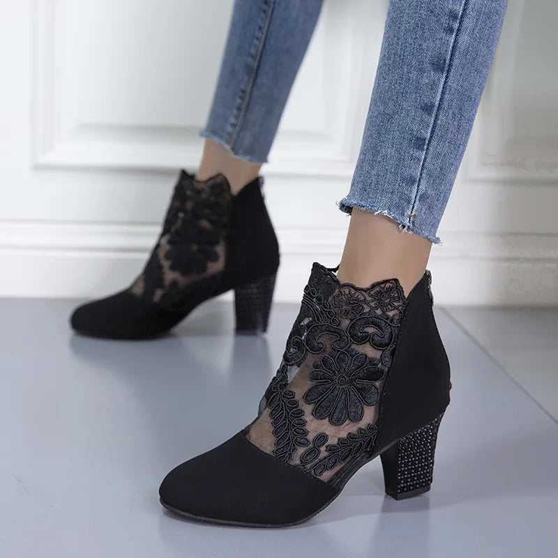 Chic Lace Mesh Women Boots for Women with Pointed Toe Chunky Block Heel Ankle Style