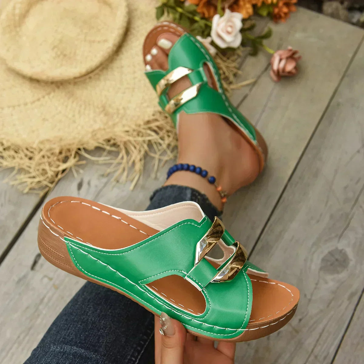Comfortable Orthopedic Sandals for Women with Gold Metal Bar Cutout Wedge Heel Slip On Open Toe Style