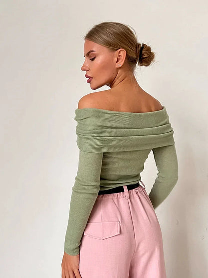 Effortless Ribbed Off The Shoulder Top for Women with Foldover Collar Long Sleeve Fitted Casual Style