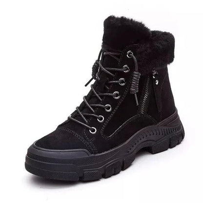 Women's Leather Fur-Lined Ankle Winter Snow Boots Lace-Up Side Zip Chunky Lug Sole