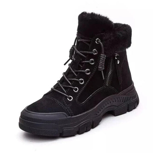 Women's Leather Fur-Lined Ankle Winter Snow Boots Lace-Up Side Zip Chunky Lug Sole