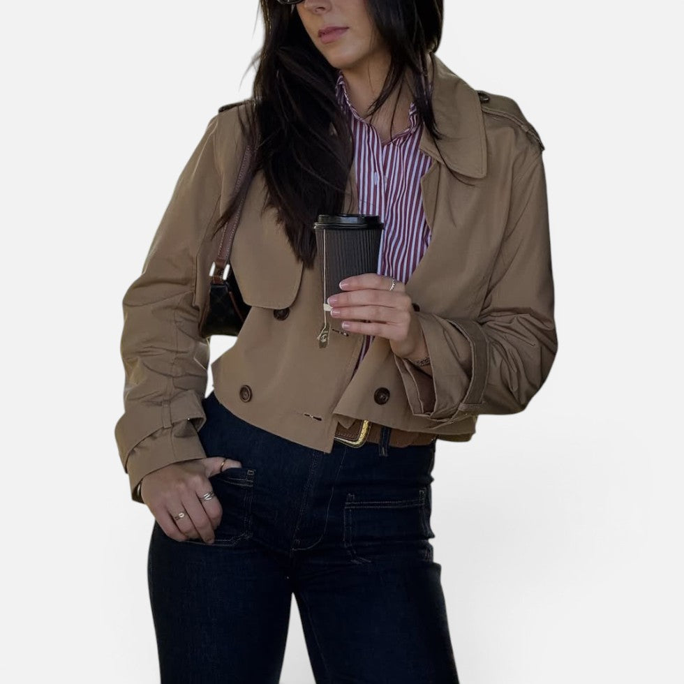 Elegant Cropped Trench Jacket for Women with Notch Lapel Long Sleeve Double Breasted Belted Cuff Style
