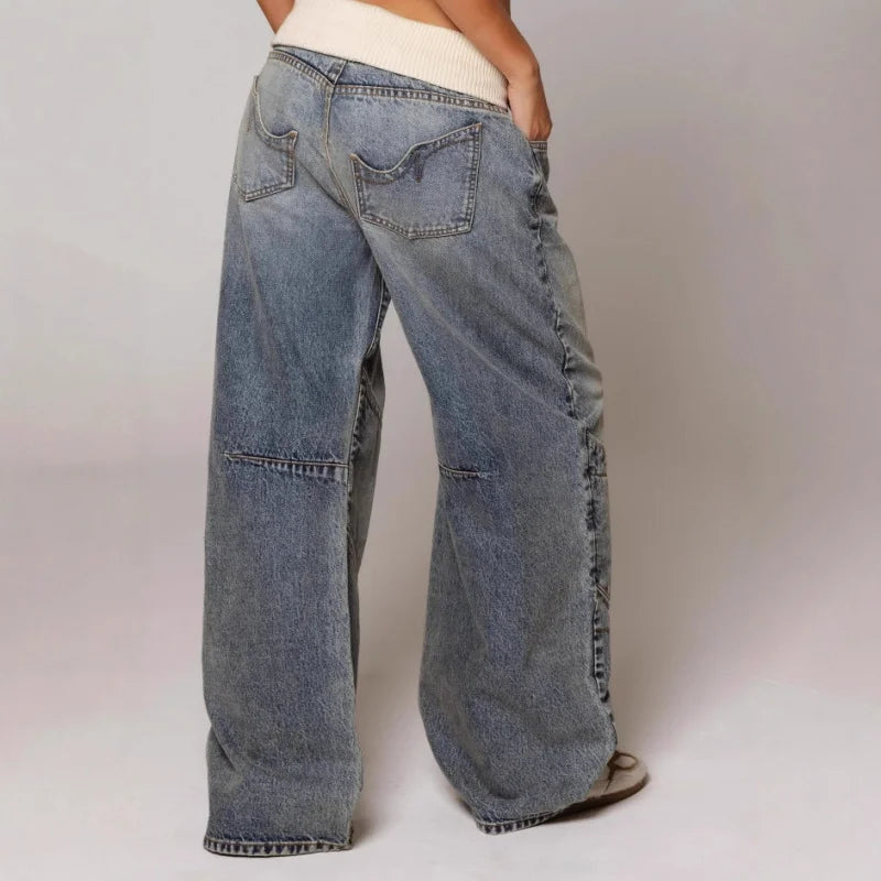 Effortless Light Blue Wide Leg Jeans for Women with Contrast Ribbed Waistband Baggy Relaxed Style