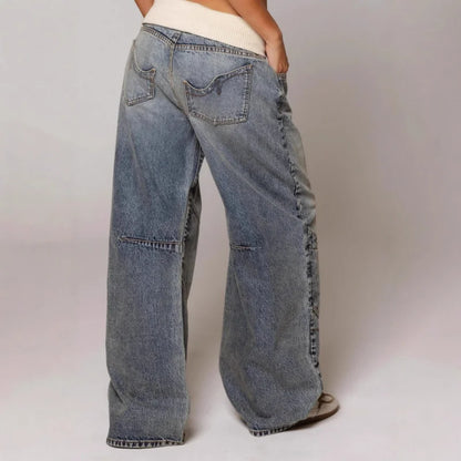 Effortless Light Blue Wide Leg Jeans for Women with Contrast Ribbed Waistband Baggy Relaxed Style