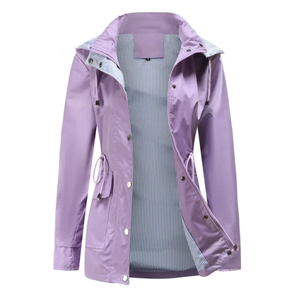 Effortless Rain Jacket for Women with Hooded Collar Long Sleeve Drawstring Waist Relaxed Style