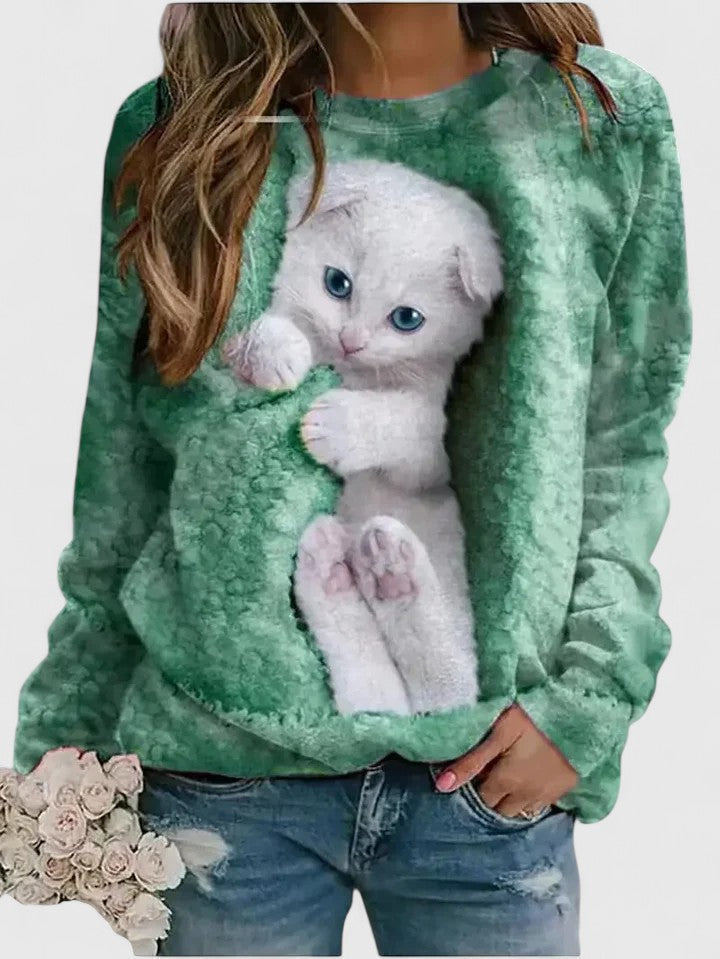 Comfortable Cat Print Sweater for Women with Crew Neck Long Sleeve Cozy Oversized Knit Style