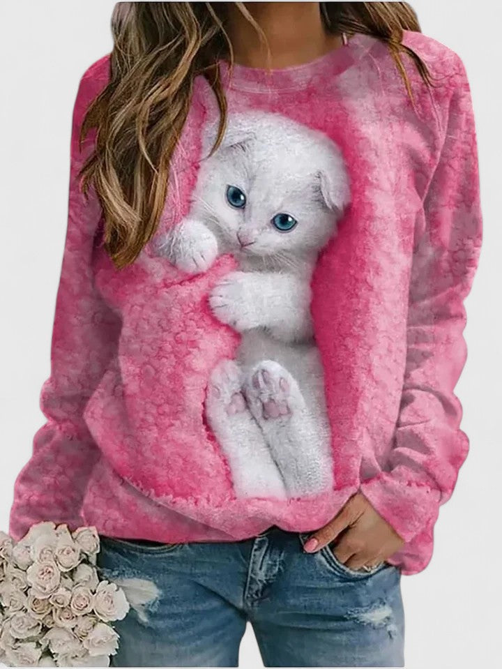 Comfortable Cat Print Sweater for Women with Crew Neck Long Sleeve Cozy Oversized Knit Style
