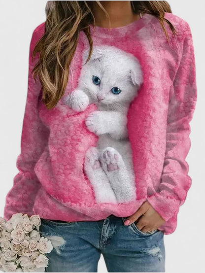 Comfortable Cat Print Sweater for Women with Crew Neck Long Sleeve Cozy Oversized Knit Style