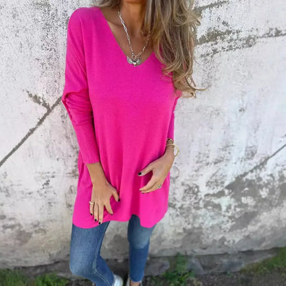 Effortless Ribbed Knit Tunic for Women with V Neck Long Sleeve Relaxed Oversized Style