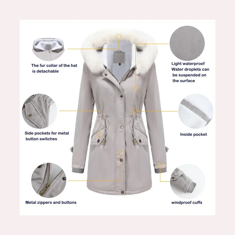 Cozy Faux Fur Trim Parka Jacket for Women with Hooded Long Sleeve Drawstring Waist Relaxed Style