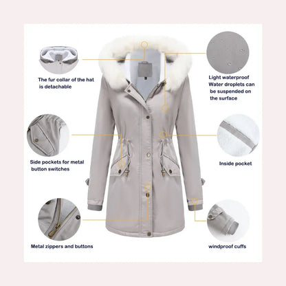 Cozy Faux Fur Trim Parka Jacket for Women with Hooded Long Sleeve Drawstring Waist Relaxed Style