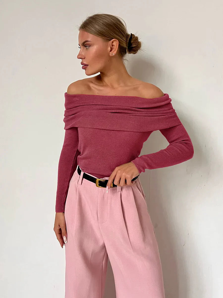 Effortless Ribbed Off The Shoulder Top for Women with Foldover Collar Long Sleeve Fitted Casual Style