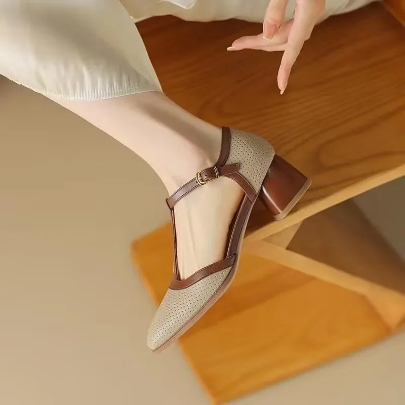 Elegant Flats for Women with T-Strap Block Heel Round Toe Style