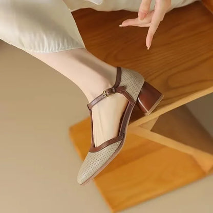 Elegant Flats for Women with T-Strap Block Heel Round Toe Style