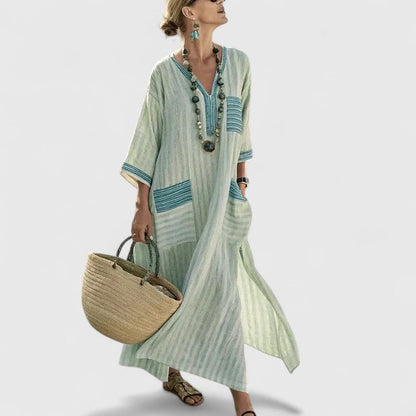Effortless Boho Maxi Dress for Women with V Neck Batwing Sleeve Linen Kaftan Relaxed Style