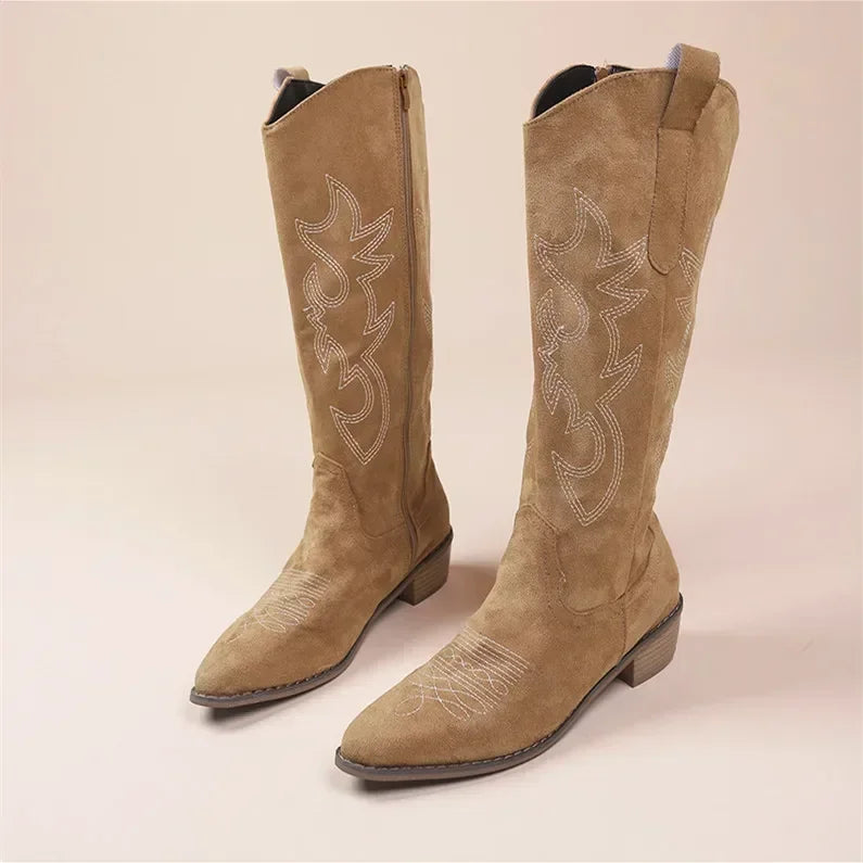 Stylish Suede Embroidered Women's Boots for Women with Pointed Toe Stacked Heel Western Cowgirl Style
