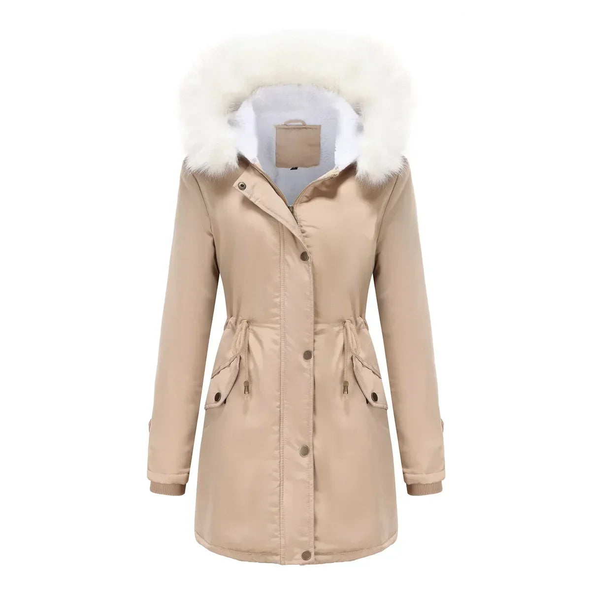 Cozy Faux Fur Trim Parka Jacket for Women with Hooded Long Sleeve Drawstring Waist Relaxed Style