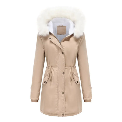 Cozy Faux Fur Trim Parka Jacket for Women with Hooded Long Sleeve Drawstring Waist Relaxed Style