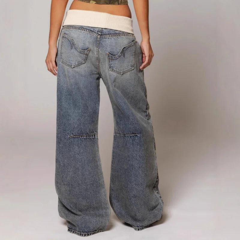 Effortless Light Blue Wide Leg Jeans for Women with Contrast Ribbed Waistband Baggy Relaxed Style