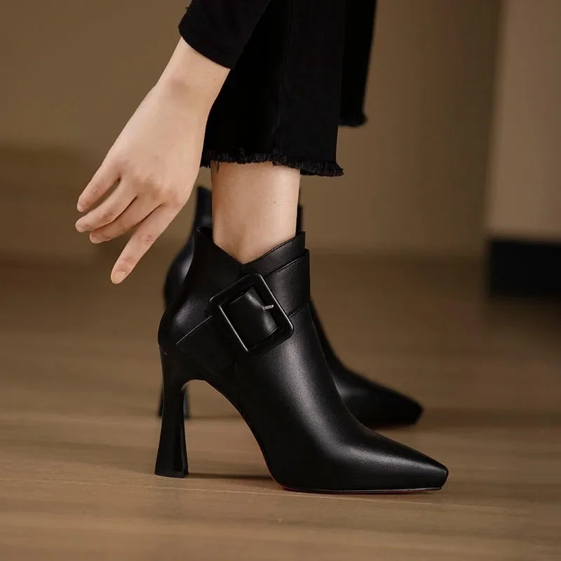 Elegant Leather Women Boots with Buckle Pointed Toe High Heel Ankle Style