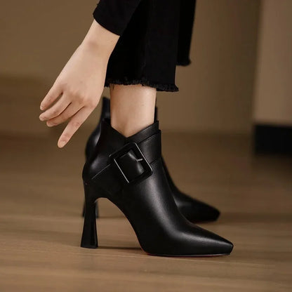 Elegant Leather Women Boots with Buckle Pointed Toe High Heel Ankle Style