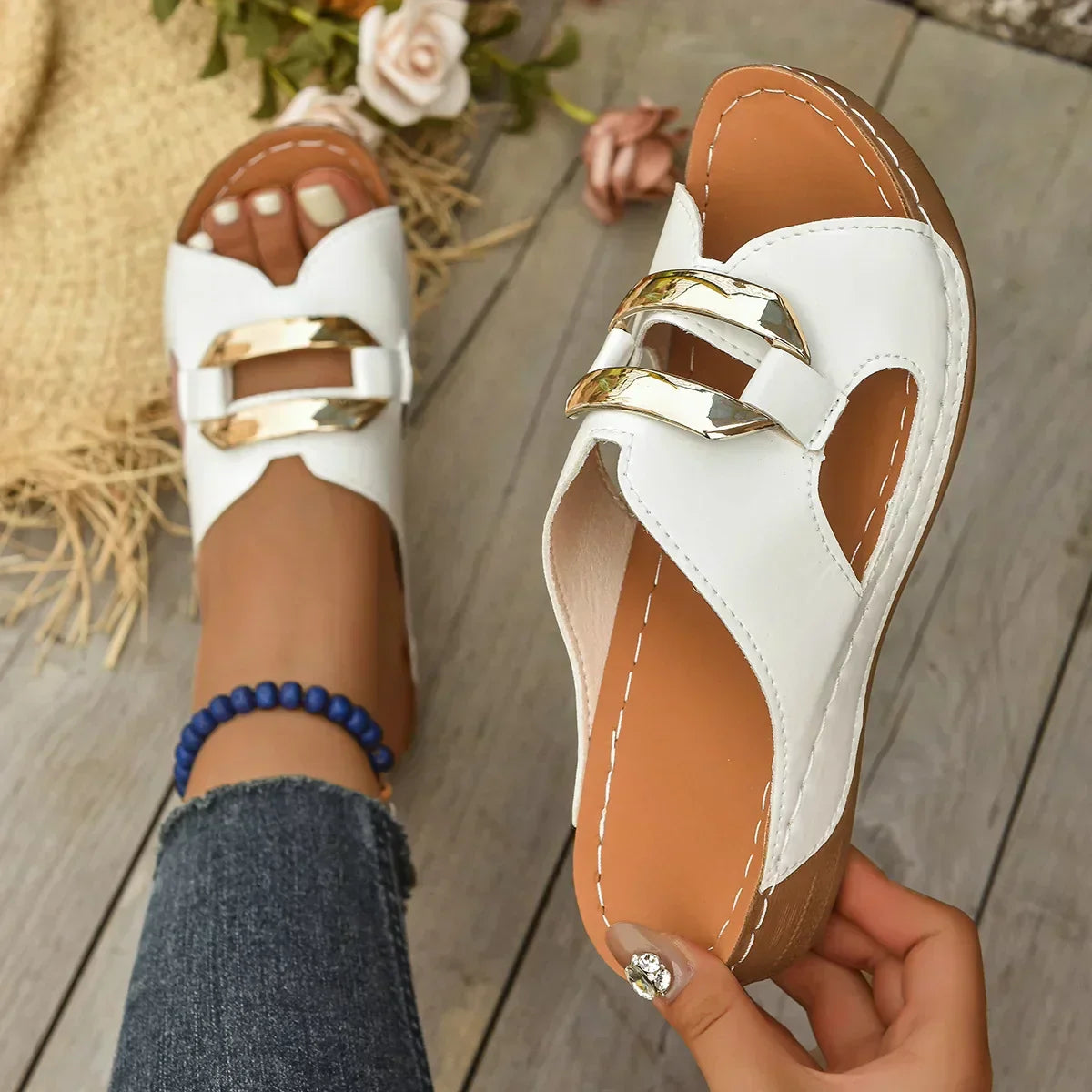 Comfortable Orthopedic Sandals for Women with Gold Metal Bar Cutout Wedge Heel Slip On Open Toe Style