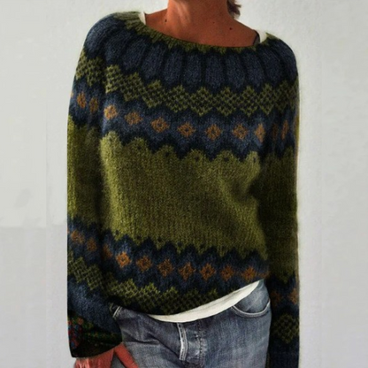 Comfortable Fair Isle Sweater for Women with Crew Neck Long Sleeve Relaxed Oversized Knit Style