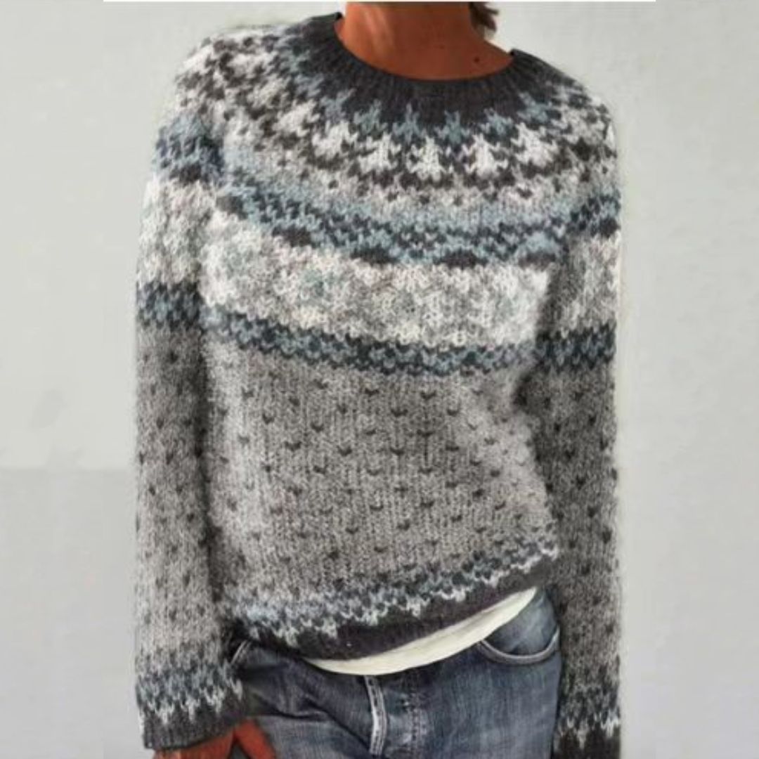 Comfortable Grey Fair Isle Sweater for Women with Crew Neck Long Sleeve Relaxed Oversized Knit Style