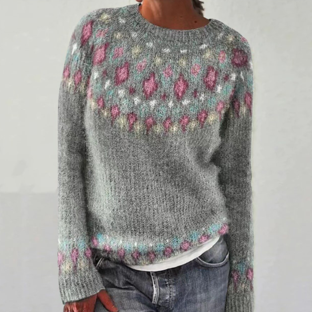 Comfortable Fair Isle Sweater for Women with Crew Neck Long Sleeve Relaxed Oversized Knit Style