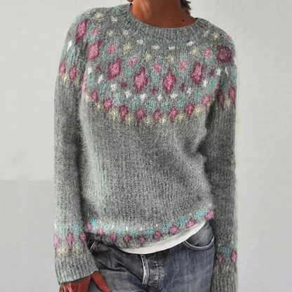 Comfortable Fair Isle Sweater for Women with Crew Neck Long Sleeve Relaxed Oversized Knit Style