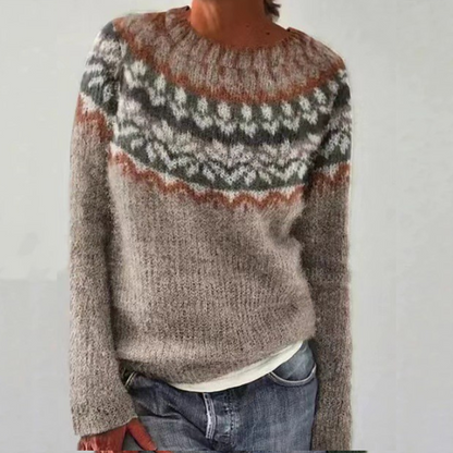 Comfortable Fair Isle Sweater for Women with Crew Neck Long Sleeve Relaxed Oversized Knit Style