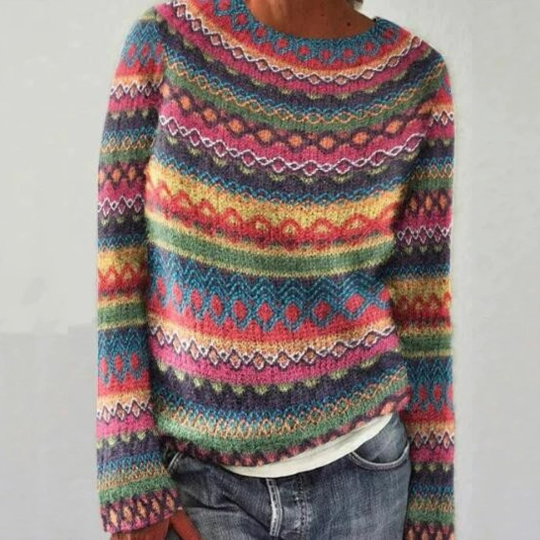 Comfortable Fair Isle Sweater for Women with Crew Neck Long Sleeve Relaxed Oversized Knit Style