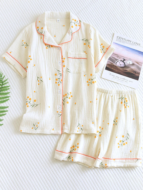Effortless Cotton Gauze Pajama Set for Women with Notch Collar Short Sleeve Button Front Two Piece Style