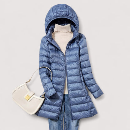Effortless Quilted Puffer Jacket for Women with Hooded Long Sleeve Zip Front Longline Casual Style