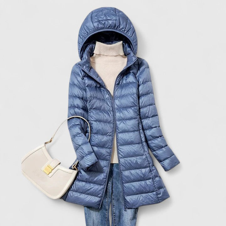 Effortless Quilted Puffer Jacket for Women with Hooded Long Sleeve Zip Front Longline Winter Style