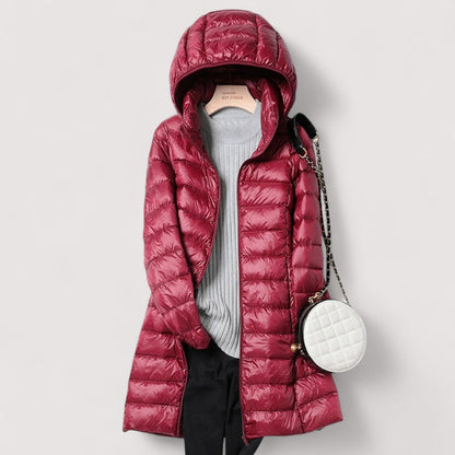 Effortless Quilted Puffer Jacket for Women with Hooded Long Sleeve Zip Front Longline Casual Style