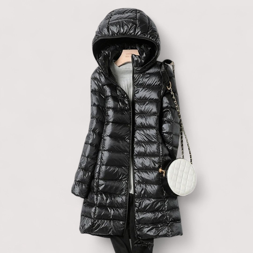 Effortless Quilted Puffer Jacket for Women with Hooded Long Sleeve Zip Front Longline Casual Style