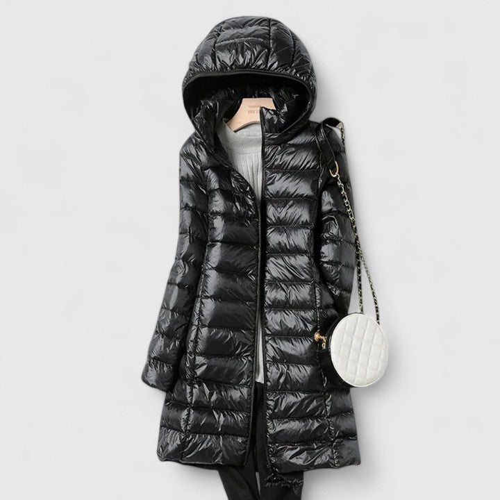 Effortless Quilted Puffer Jacket for Women with Hooded Long Sleeve Zip Front Longline Winter Style