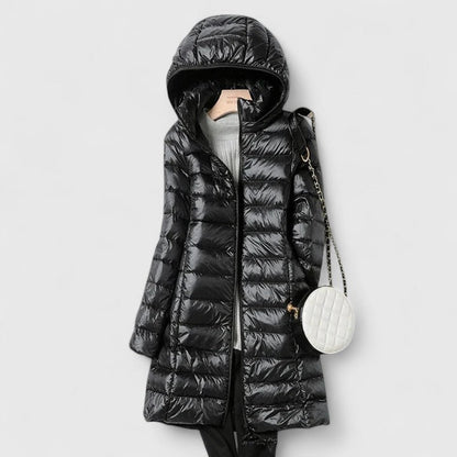 Effortless Quilted Puffer Jacket for Women with Hooded Long Sleeve Zip Front Longline Winter Style