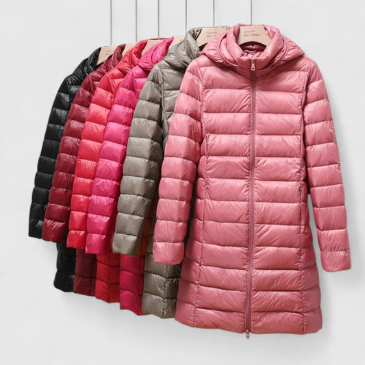 Effortless Quilted Puffer Jacket for Women with Hooded Long Sleeve Zip Front Longline Winter Style